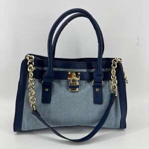 Charming Charlie Navy Blue Faux Leather and Denim Satchel Crossbody Bag Gold